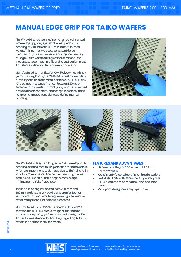 <p>WHS-G4 Manual Mechanical Edge Grip for 200mm and 300mm Taiko Wafers datasheet</p>