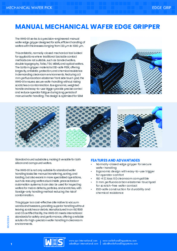 <p>WHS-G1 Manual Mechanical Wafer Edge Gripper datasheet</p>