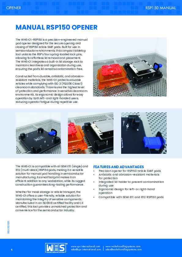 <p>WHS-O1 Manual RSP150 Opener datasheet</p>